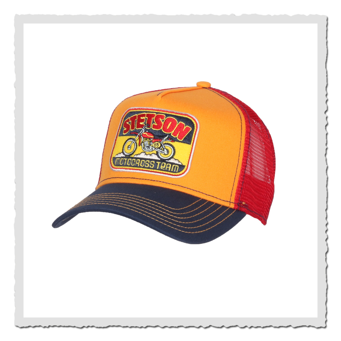 Stetson Trucker Cap Motocross Team 7761163 28 in Orange-Rot mit Motorrad-Stickerei und gebogenem Schirm